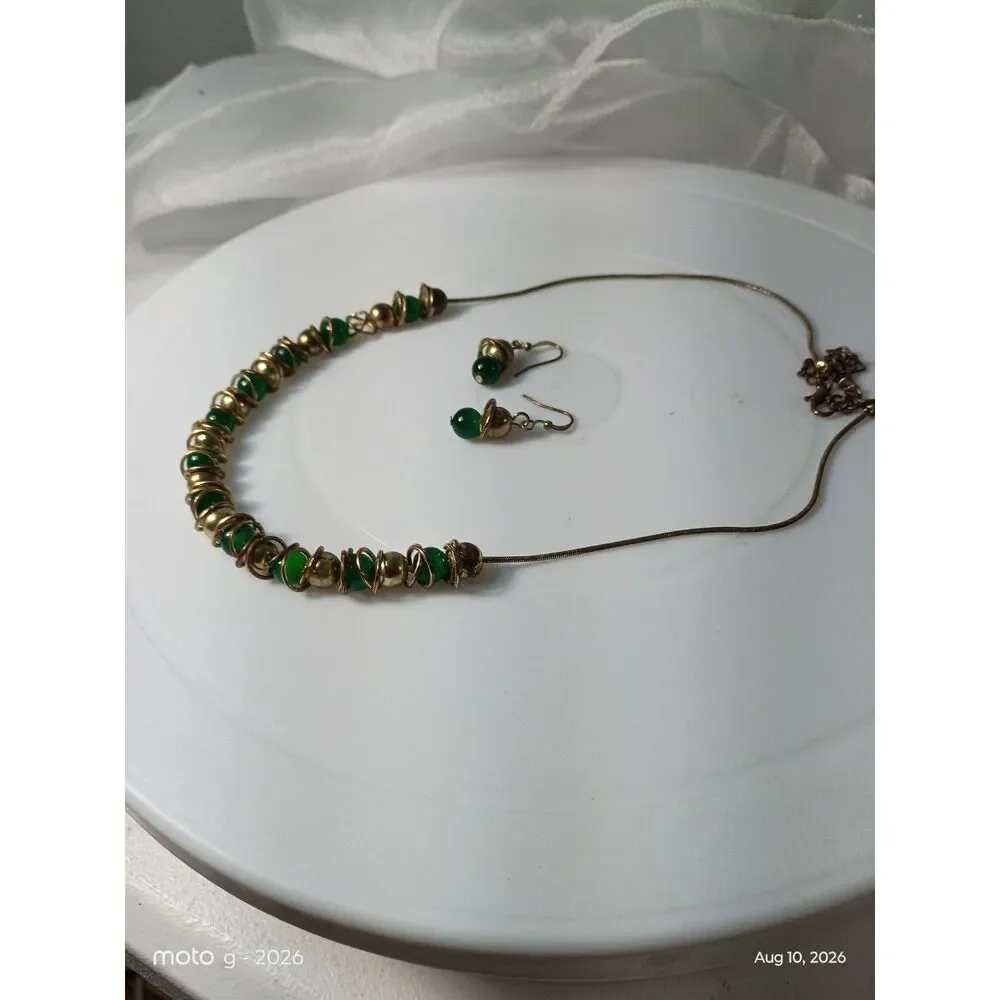 Chunky Green Glass Bead Layered Necklace & Matching Dangle Earrings Set